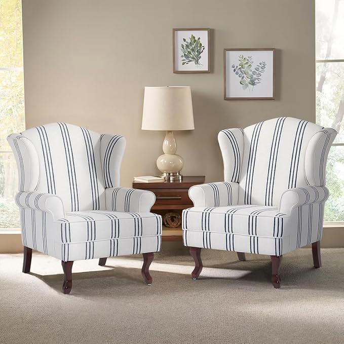 Pia Ricco Stripe High Back Floral Accent Chair, Upholstered Fabric Armchair with Solid Wood Legs - Retro Living Room Reading Chair, Comfortable Single Sofa Seat-Navy
