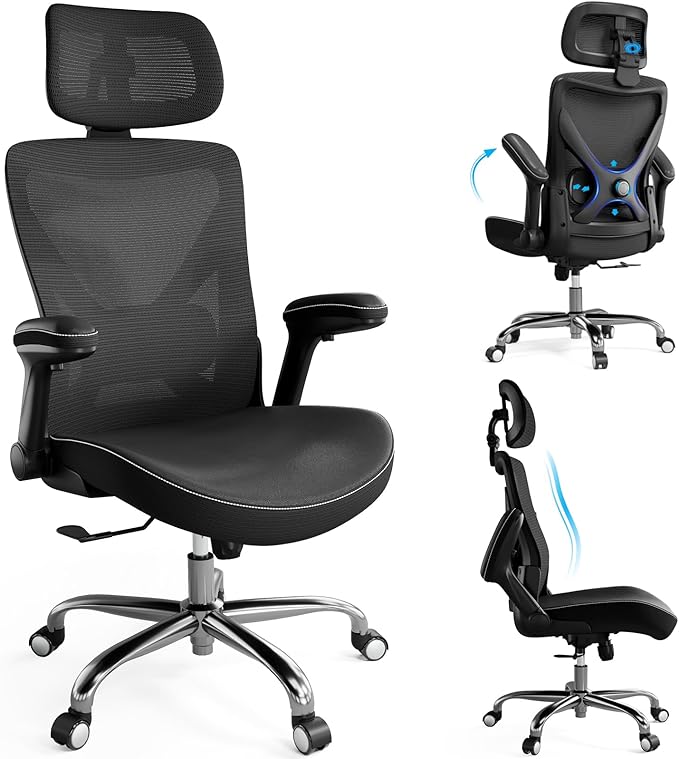 Ergonomic Office Chair-Computer X-Shaped Chair Mesh PU Leather with Adjustable Lumbar Support-Executive Desk Chair High Back with Headrest Flip-Up Arms for Long Hours (Black)
