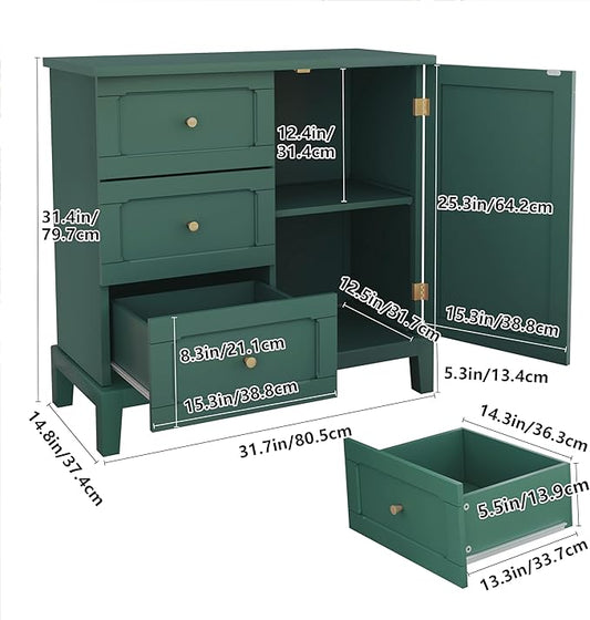 HLR Accent Cabinet with 3 Drawers and Door, Wooden Storage Cabinet with Shelves, Sideboard for Living Room, Entryway, Green