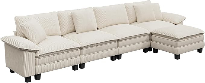 157-Inch L Shaped Sectional Sofa with Cloud Cushions, Deep Seat Modular Couch Set w/ 5 Seats & 1 Ottomans, Removable Arms, Plush Corduroy Upholstery for Living Room, Apartment - Beige