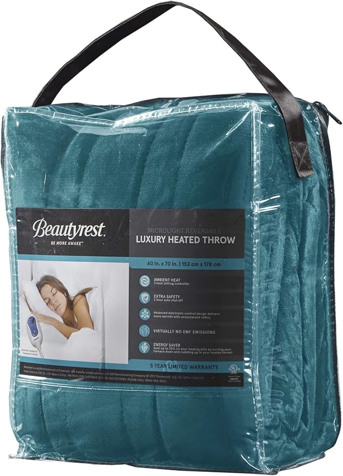 Beautyrest Heated Electric Blanket for Cold Weather, Fast Heating Heated Blanket, Auto Shut Off, Virtually Zero EMF, Multi Heat Setting, UL Certified, Teal Throw (60 inx70 in)