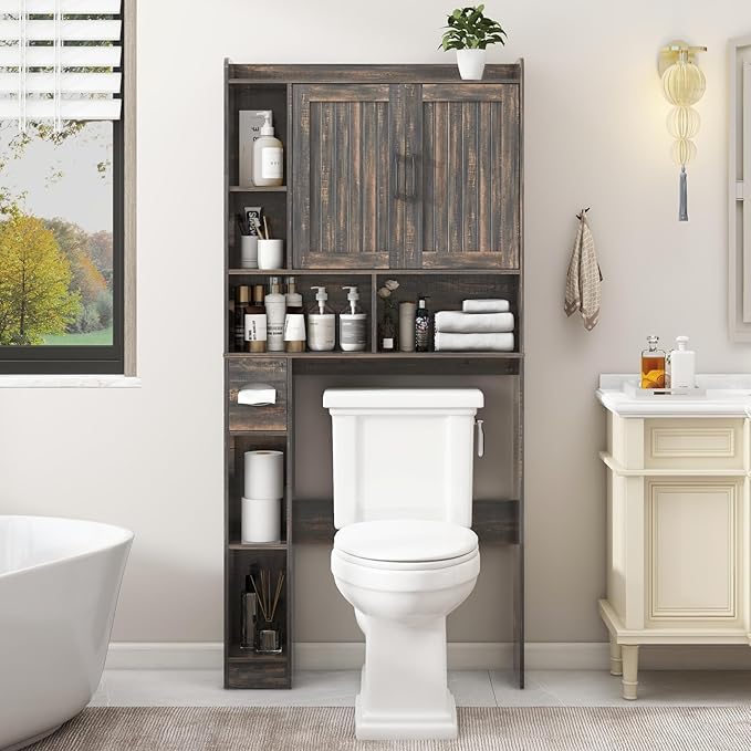Vabches Over The Toilet Storage Cabinet, Farmhouse Storage Cabinet Over Toilet with Barn Door,Home Space-Saving Toilet Rack, for Bathroom, Restroom, Laundry