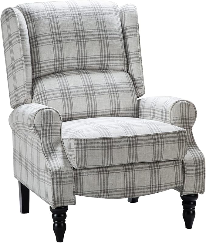 HULALA HOME Upholstered Wingback Recliner Chair, Small Adjustable Footrest Push Back Single Reclining Sofa, Mid Century Modern Lounge Armchair for Living Room, Bedroom, Reading/Plaid Grey
