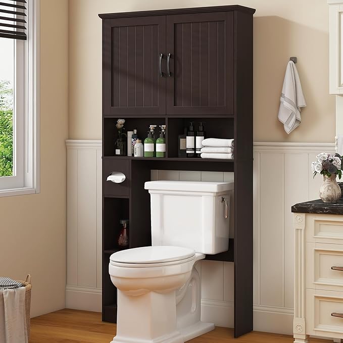 Vabches Over The Toilet Storage Cabinet, Farmhouse Storage Cabinet Over Toilet with Barn Door& Toilet Paper Holder Stand,Home Space-Saving Toilet Rack, for Bathroom, Restroom, Laundry.(Walnut)