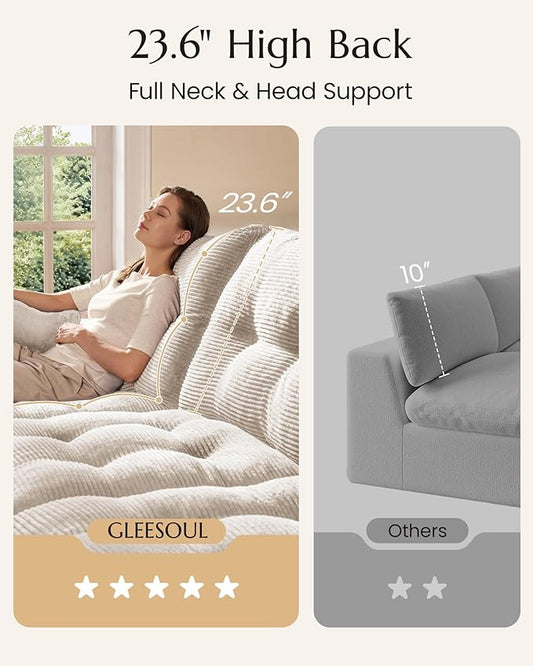 High Back Boneless Couch, Loveseat Cloud Couch with Versatile 2-Pack Pillow Blankets, Corduroy Modular Sectional Sofa, No Assemble Sectional Couches for Living Room, Warm White