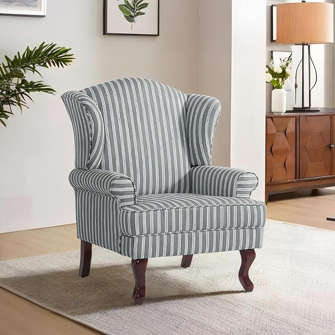 Accent Chair, High Back Upholstered Armchair with High Resilience Sponge & Wood Legs, Mid-Century Modern Comfy Single Sofa Reading Chairs for Living Room, Bedroom (Stripe Grey, Set of 2)