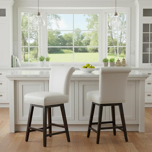 CHITA 26 Inch Counter Height Swivel Bar Stools Set of 2, FSC Certified Modern Upholstered Faux Leather Swivel Barstool Chair with Back, White