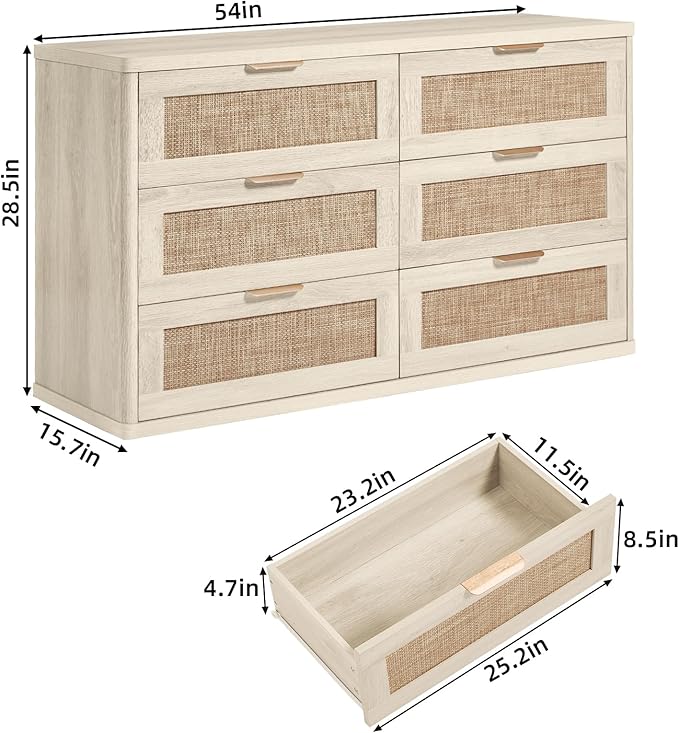 LEYAOYAO Rattan 6 Drawer Dresser for Bedroom Set of 2, Boho 54" Wide White Dresser Chest of Drawers, Dressers TV Stand with Metal Handle, Storage Dressers Closet Organizer for Living Room, Hallway