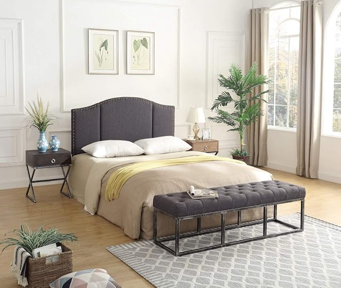 24KF Middle Century Linen Upholstered Tufted Queen Size Headboard with Antique Brass Nails Queen/Full headboard -Dark Gray