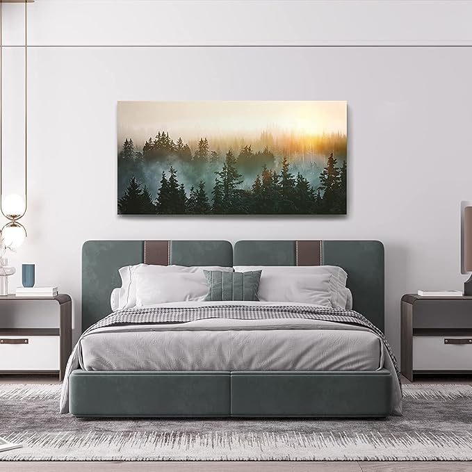 Large Wall Art for Bedroom Living Room Forest Bathed in Sunlight Canvas Print Picture Painting Framed Artwork Wall Decor for Bathroom Modern Room Plants Wall Decorations Size 58x29 Ready to Hang