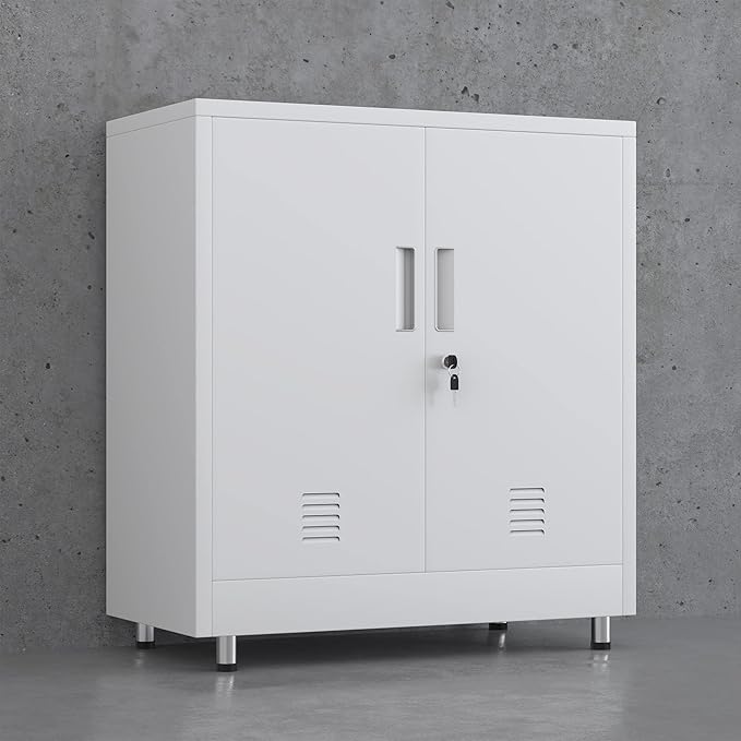 Metal Storage Cabinet with Locking Doors and Adjustable Shelf, Small Lockable Sideboard Buffet Cabinet for Home Office Hallway Entryway Living Dining Room (White)