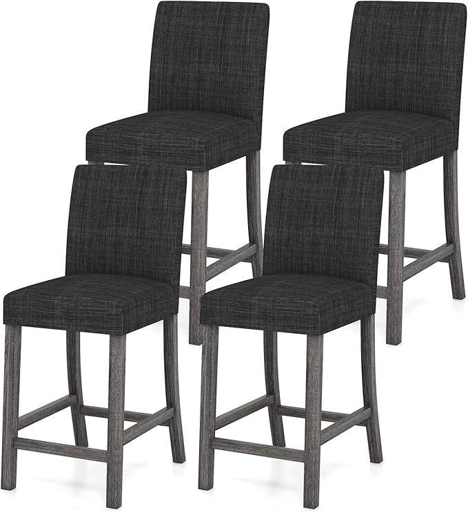 COSTWAY Counter Height Bar Stools Set of 4, 24.5’’ Upholstered Mid Century Modern Island Chairs with Rubber Wood Legs, Wooden Barstools for Kitchen, Dining Room, Bar, Restaurant (Grey)