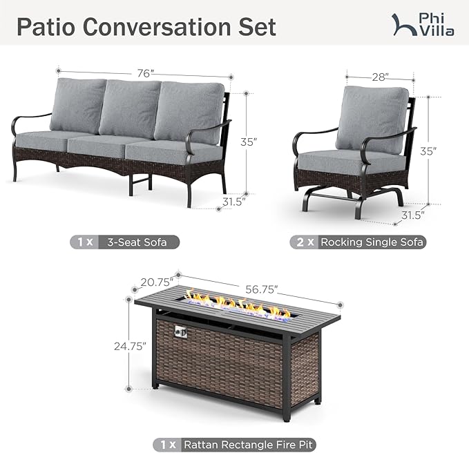 PHI VILLA Patio Furniture Set with 56" Fire Pit Table, Premium Outdoor Wicker Metal Frame Furniture with Upgraded Waterproof Thick Cushions for Porch, Poolside, Deck, and Yard (4 Pieces,Grey