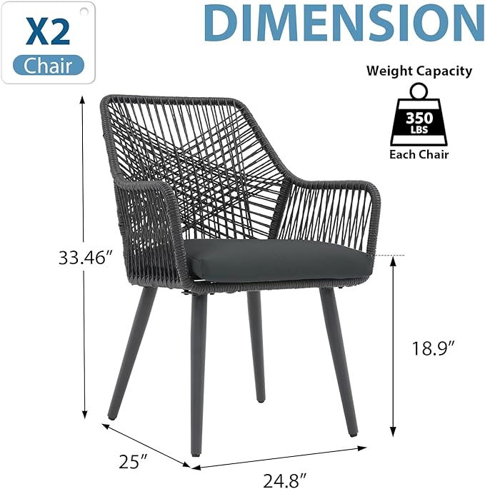 JOIVI Outdoor Dining Chairs Set of 2, 2 Pieces Woven Rope Patio Chairs with Armrest and Seat Cushions for Outside Porch, Balcony or Indoor Kitchen, Restaurant, Gray