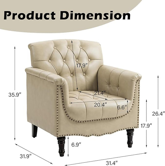 UIXE Faux Leather Accent Chair, Upholstered Armchair for Living Room, Retro Button Tufted Club Arm Chair Single Sofa Bedroom Side Reading Seating with Solid Wood Legs - Beige