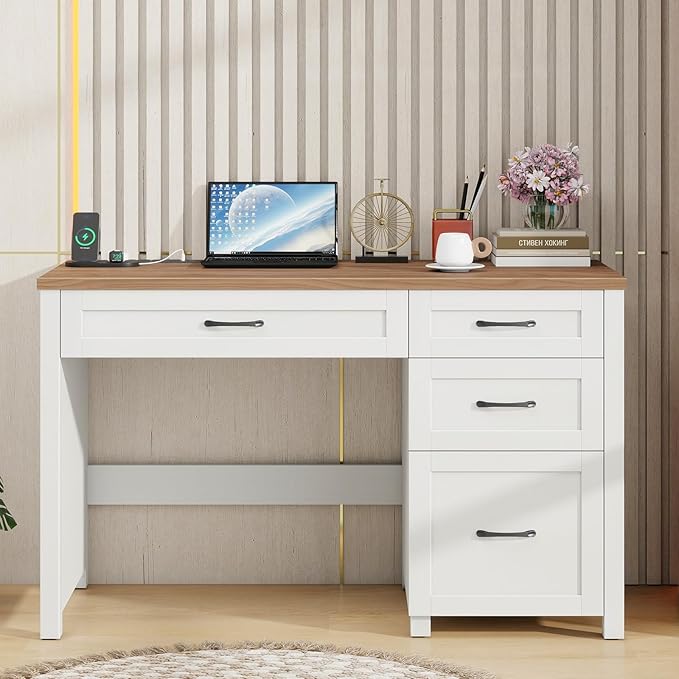 Vabches Farmhouse 47" Executive Desk, Computer Desk with File Drawer and Charging Station, Workstation for Home Office & Study(Off White