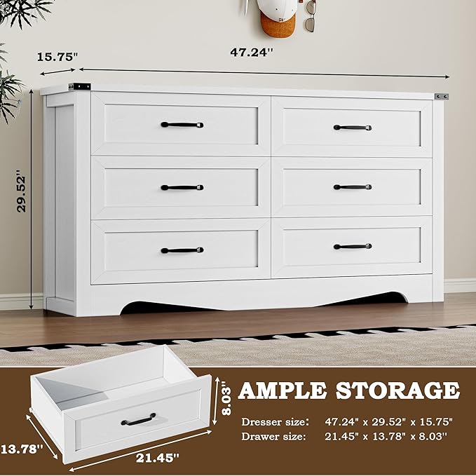 6-Drawer Dresser for Bedroom, Modern Wooden Chest of Drawers with Metal Handles, Anti-Tipping Design, Sturdy and Stable Storage Organizer for Living Room, Entryway, Home Office