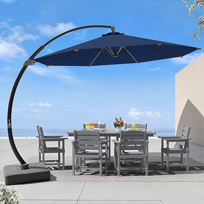 7 Piece Patio Dining Set with 11ft Patio Umbrella (Navy), 7 Gray Outdoor HDPE Dining Set with 6 Chairs + 1 Large Table with 2" Umbrella Hole, for Market, Pool, Garden, Backyard, Deck