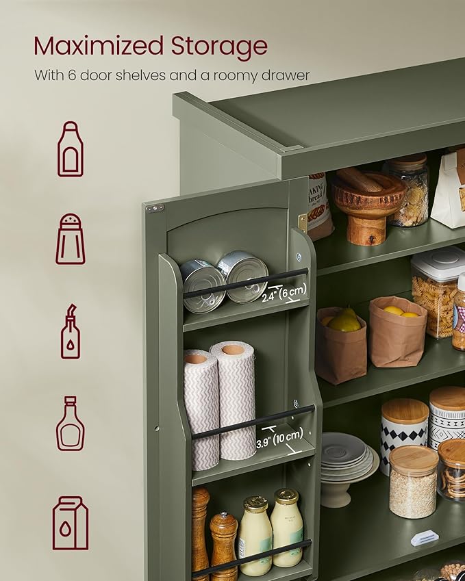VASAGLE Pantry Cabinet, 15.7 x 30 x 71.7 Inches, Freestanding Tall Cupboard Storage Cabinet with a Drawer, 2 Cabinets, 6 Adjustable Shelves, for Living Room, Kitchen, Forest Green UBBK561C01