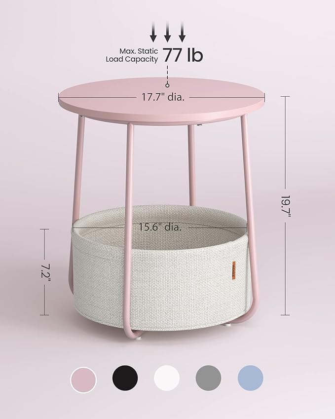 VASAGLE LILEA Collection - Small Round Side End Table, Modern Nightstand with Fabric Basket, Jelly Pink and Cream White ULET223R61