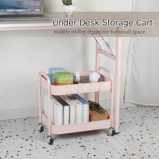 2 Tier Rolling Cart Metal with Wheels Under Desk Storage Cart for Small Space Organization, Small Trolley for Pantry Room Laundry Bathroom Kitchen Office Art Snack Baby Supplies, Pink