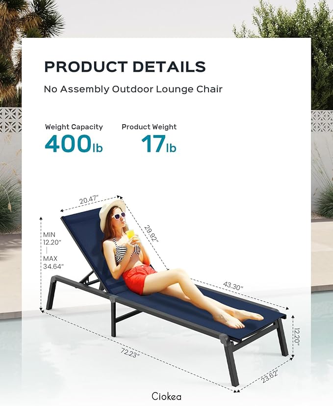 Ciokea Patio Chaise Lounge Chair, Foldable Lounge Chair for Outside, Aluminum Chairs Set of 2 with 5 Adjustable Backrest, Outdoor Pool Lounger for Poolside, Lawn, Deck, Navy Blue