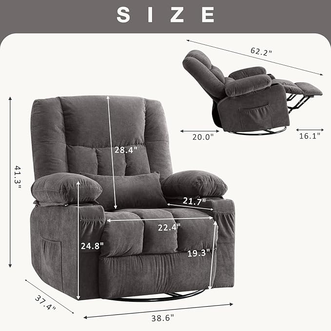 BOSMILLER Massage Swivel Rocker Recliner Chair with Vibration Massage and Heat Ergonomic Lounge Chair for Living Room with Rocking Function and Side Pocket, 2 Cup Holders, USB Charge Port