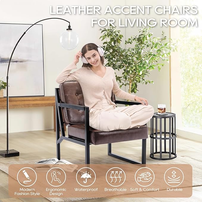 COLAMY Mid Century Modern Accent Chair, Comfy Living Room Chairs, Brown Leather Accent Chair, Faux Leather Reception Armchair with Metal Legs for Living Room Bedroom Reception Waiting Room, Brown