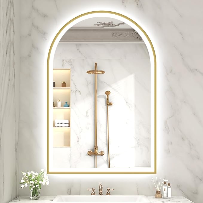 S'bagno 24x36 Arched Gold LED Mirror for Bathroom with Frontlit & Backlit, LED Bathroom Mirror with Metal Frame, Anti-Fog, Stepless Dimmable, 3 Color Temperature Vanity Mirror