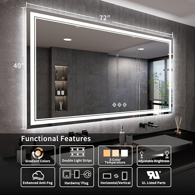 Bathroom Mirror, 72x40 Inch Gradient Front and Backlit Big LED Mirror, 3 Colors Dimmable CRI>90 Double Lights, IP54 Enhanced Anti-Fog, Hanging Plates Wall Mount Lighted Bathroom Mirror
