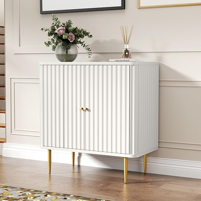 HLR Sideboard Buffet Cabinet with Fluted Texture, White Accent Cabinet with 2 Doors, Modern Credenza Storage for Kitchen Living Room, Entryway (White, 2Piece)