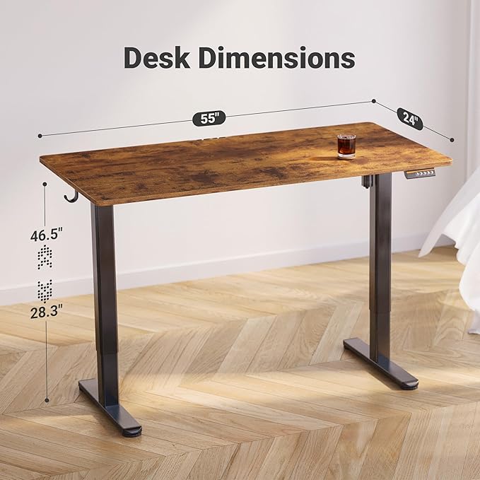 Claiks Electric Standing Desk, Adjustable Height Stand up Desk, 55x24 Inches Sit Stand Home Office Desk with Splice Board, Black Frame/Rustic Brown Top