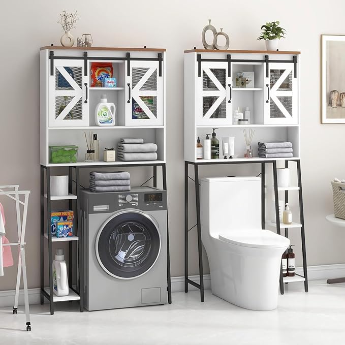 Over The Toilet Storage Cabinet, Farmhouse Storage Cabinet Over Toilet with 2 Sliding Barn Door,Home Space-Saving Toilet Rack, for Bathroom, Restroom, Laundry(White).