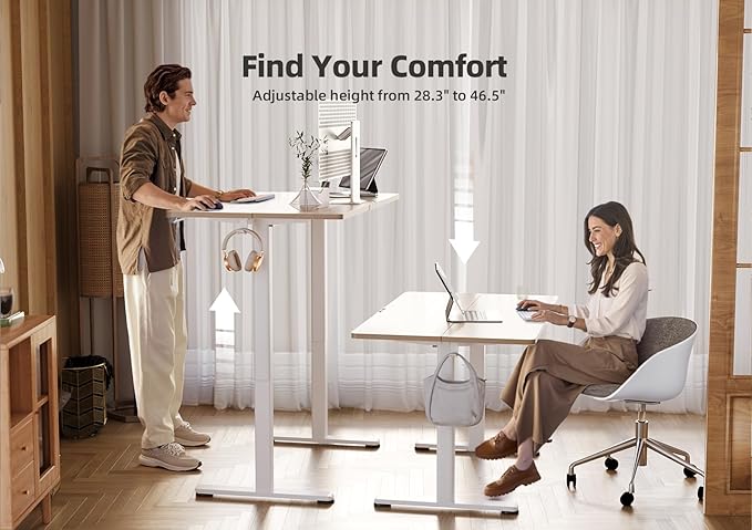 YDN Electric Standing Desk Adjustable Height, 48 x 24 Inches Stand up Desk with Cable Management, Home Office Desks with Splice Board & White Frame, Nature Top