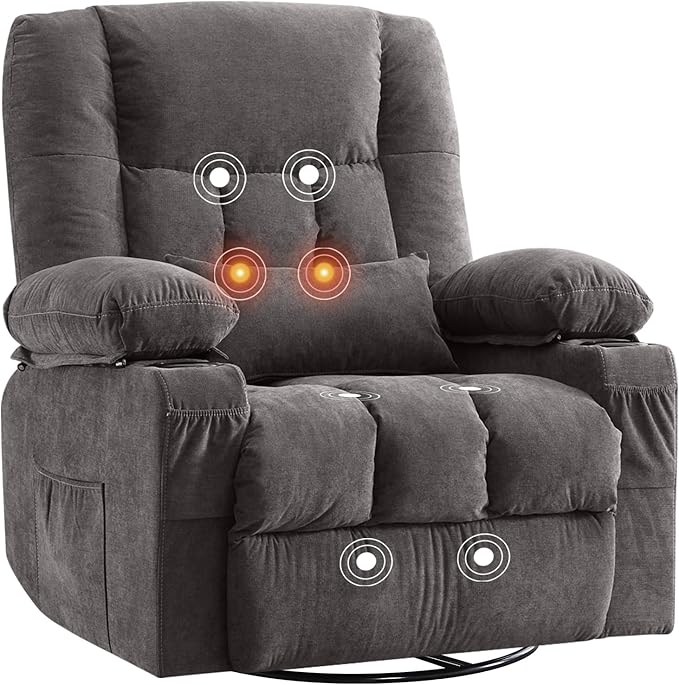 BOSMILLER Massage Swivel Rocker Recliner Chair with Vibration Massage and Heat Ergonomic Lounge Chair for Living Room with Rocking Function and Side Pocket, 2 Cup Holders, USB Charge Port