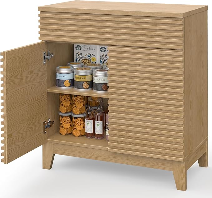Fluted Buffet Cabinet with Storage, Coffee Bar Cabinet with a Drawer, Sideboard Buffet Kitchen Storage Cabinets with Adjustable Shelves for Living Room, Kitchen, Natural Oak