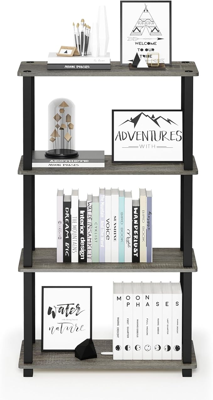 Furinno Turn-N-Tube 4-Tier Multipurpose Shelf Display Rack, Square Tube, French Oak Grey/Black