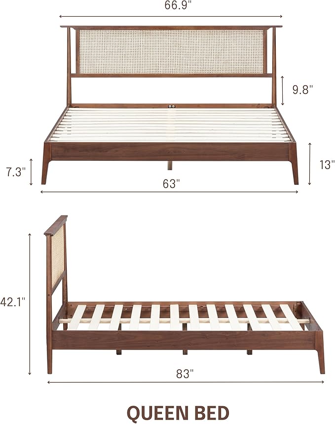 NTC Ruby Wooden Bed Frame with Headboard and Natural Rattan, Solid Oak/Rubber Wood Foundation with Silent Slats, 1000 Lb Capacity, Effortless Assembly (Natural Cane - Dark Walnut, Queen)