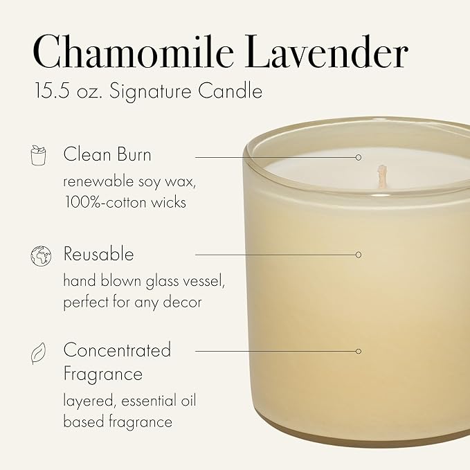 LAFCO New York Signature Candle, Chamomile Lavender - 15.5 oz - 90-Hour Burn Time - Reusable, Hand Blown Glass Vessel - Made in The USA