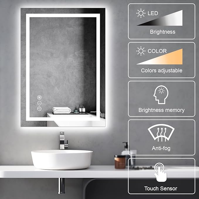 Awoco 20''x28'' LED Bathroom Mirror with Light, Lighted Vanity Mirror with Backlit and Front Light, Dimmable Anti-Fog Memory Function Lighted Mirror with 3 Colors for Bathroom Wall