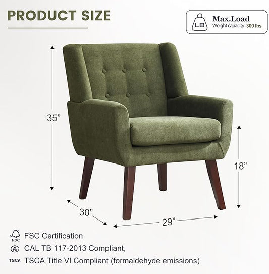 HUIMO Accent Chair, Upholstered Button Tufted Armchair, Linen Fabric Sofa Chairs for Bedroom, Living Room, Mid-Century Modern Comfy Reading Chair (4, Green)