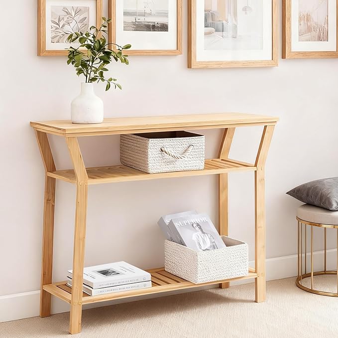 Nnewvante 38.6" Console Table, Bamboo Entryway Table with 3-Tier Storage Shelves, Narrow Sofa Table, Display Table for Entrance, Hallway, Living Room, Foyer