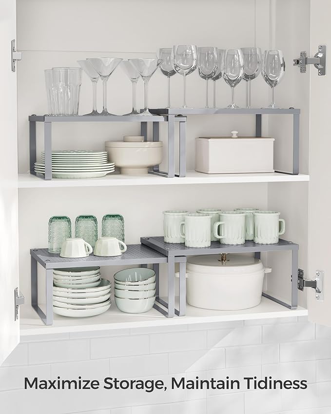 SONGMICS Spice Racks, Set of 4 Metal Cabinet Shelf Organizers, Countertop Organizers, Shelf Risers, Stackable, Expandable, Silver UKCS006S01
