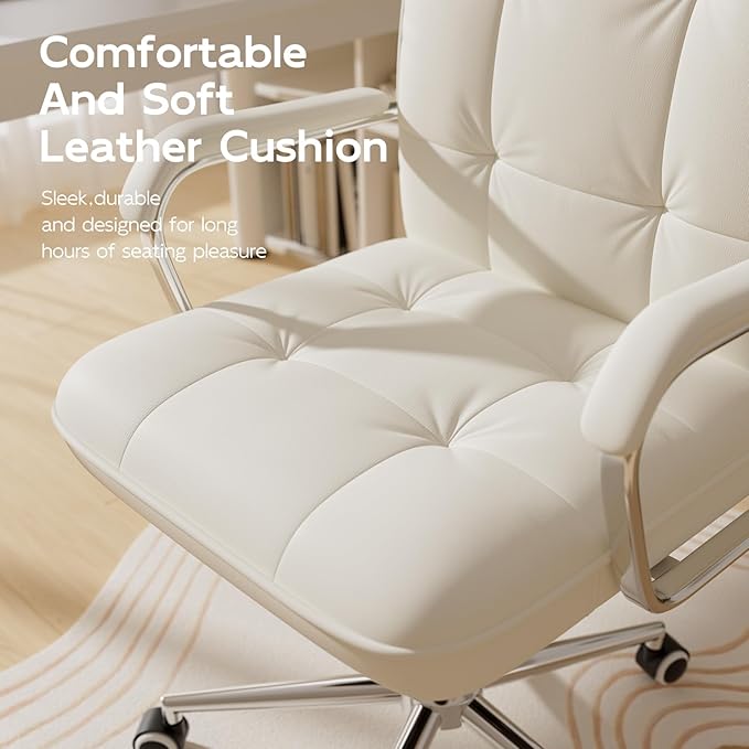 White Office Chair with Soft Leather, Swivel Computer Home Office Desk Chair with Wheels and Padded Arms, Adjustable Height and Tilt
