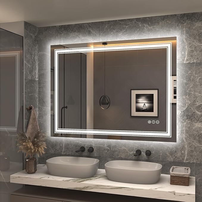 48x36 Led Lighed Bathroom Mirror for Wall, Large Dimmable Vanity Mirror with Lights, Anti-Fog, Shatterproof, Memory, ETL Listed (Backlit and Front Lighted)