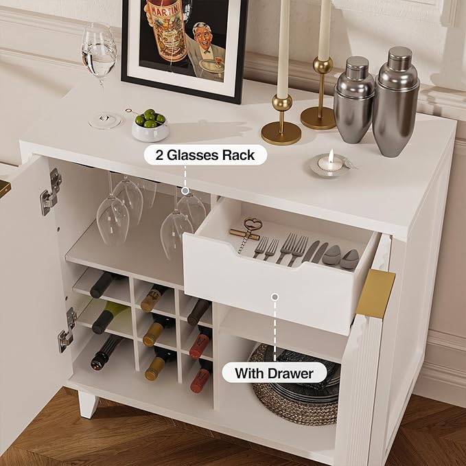 Fluted Coffee Bar Cabinet with Storage, Modern Sideboard Buffet Cabinet with Removable Wine Rack, Drawer, Adjustable Shelf, White Liquor Cabinets for Living Room, Dining Room, Kitchen, Entryway