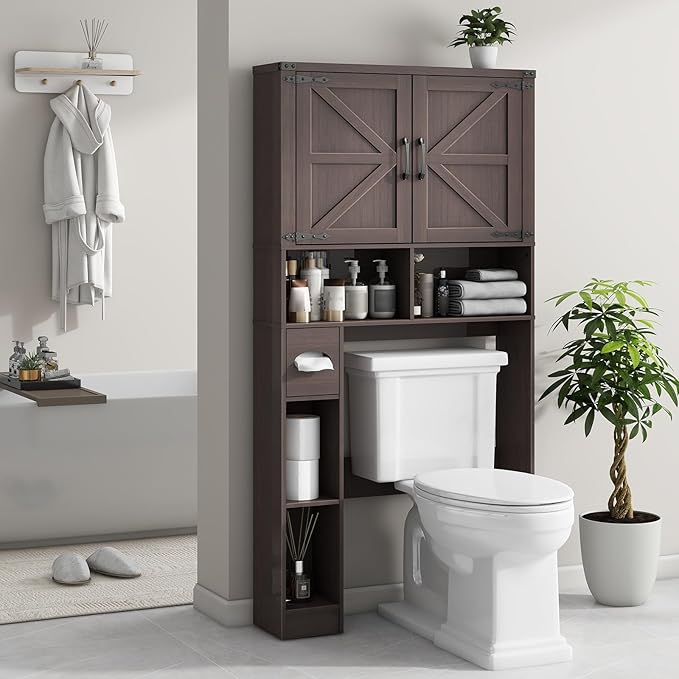 Vabches Over The Toilet Storage Cabinet, Farmhouse Storage Cabinet Over Toilet with Barn Doors & Toilet Paper Holder Stand,Home Space-Saving Toilet Rack, for Laundry, Bathroom, Restroom(Espresso).