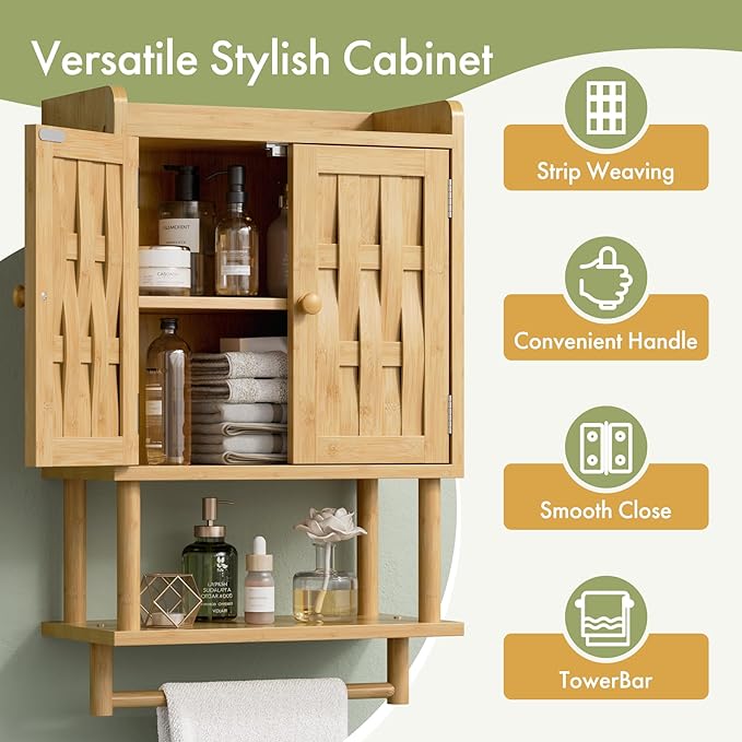 AmazerBath Bathroom Wall Cabinets with Strip Weaving Door, Medicine Cabinets with Towel Bar, Hanging Over Toilet Storage Organizer Cabinet for Small Spaces, Adjustable Shelves, 8.3x16.5x26.6 Inches