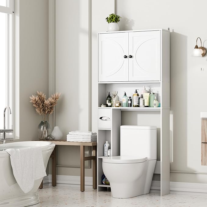 Over The Toilet Storage Cabinet, 65" Tall Bathroom Space Saver with 2 Doors & 2 Adjustable Shelves, Freestanding Organizer Toilet Cabinet for Bathroom, Laundry Room, Modern White Storage Unit