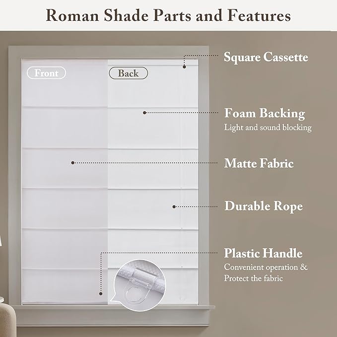 Madison Park Galen Matte White Cordless Roman Shades - Fabric Privacy Single Panel Darkening, Energy Efficient, Thermal Insulated Window Blind Treatment, for Home, Living Room Decor, 23" W x 64" H